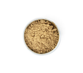 Bowl with hojicha powder on white background
