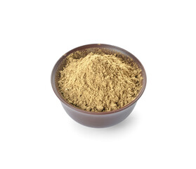 Bowl with hojicha powder on white background