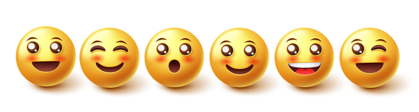 Smiley emoji characters vector set. 3d emojis graphic design in happy, blushing and jolly face expressions isolated in white background for yellow character collection. Vector illustration.
