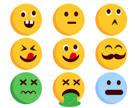 Emoticon smileys character vector set. Emoticons flat characters in crazy, sick, vomit and weird facial expressions for funny emoji smiley collection design. Vector illustration.

