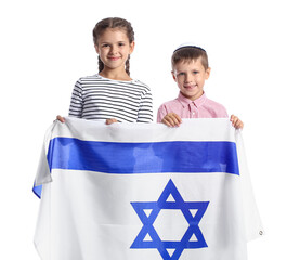Little children with the flag of Israel on white background