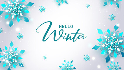 Obraz na płótnie Canvas Winter greeting vector background design. Hello winter typography text with elegant snowflakes ornament decoration elements in white space for snow season decor. Vector illustration. 