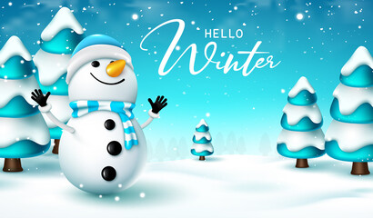 Winter character vector design. Hello winter greeting text with cute snowman and fir trees in snow forest for cold season celebration. Vector illustration.
