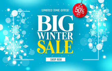 Winter sale vector template design. Big winter sale limited time offer text up to 50% off discount in tag element for snow season shopping promotion ads. Vector illustration.
