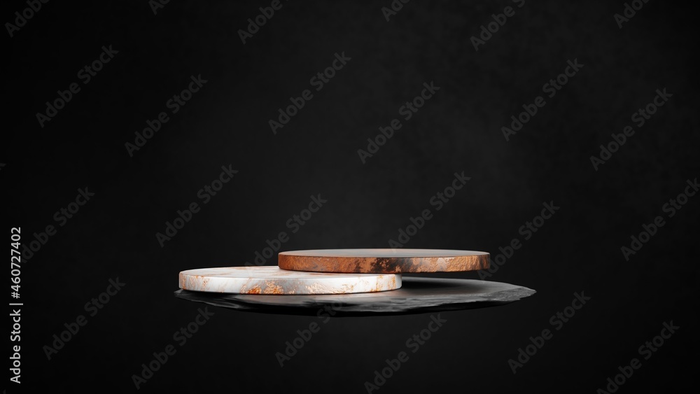 Poster flying cylinder podium with black stone in empty space.dark futuristic abstract background.3d render