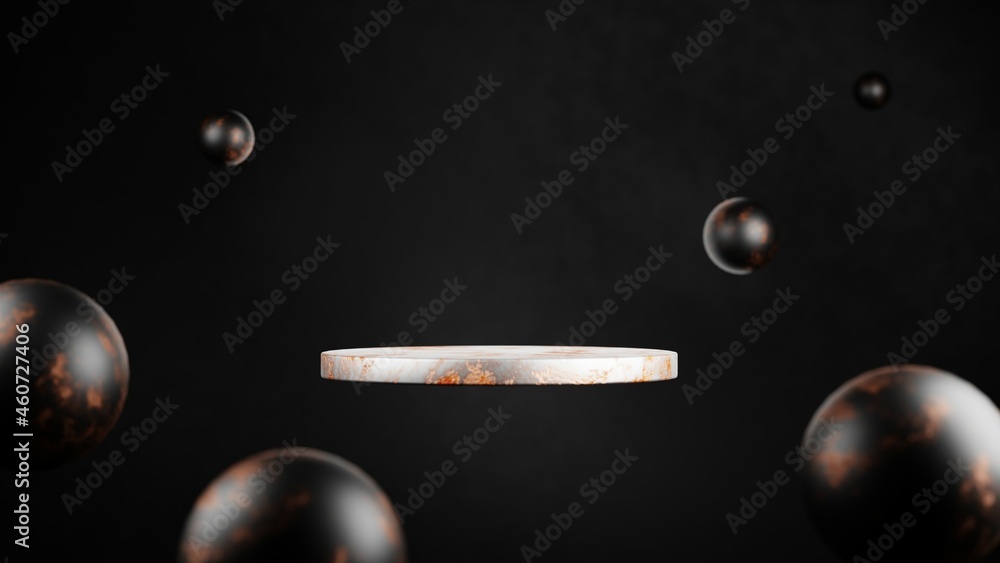 Poster Flying cylinder podium in empty space.Dark futuristic abstract background with spheres metal ball.3D rendering illustration.