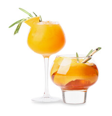 Glasses of delicious melon cocktail on white background