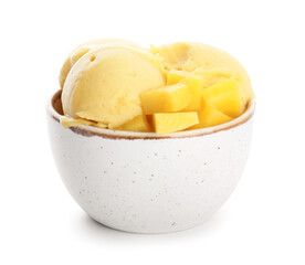 Bowl with delicious mango ice cream on white background