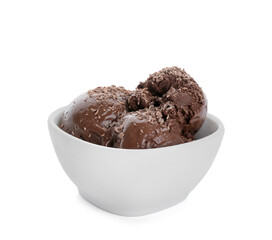 Bowl with delicious chocolate ice cream on white background