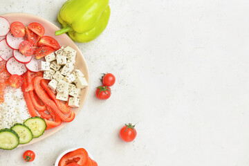 Tasty poke bowl on light background