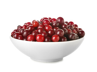 Bowl of ripe cranberries on white background