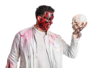 Scary zombie man with skull on white background