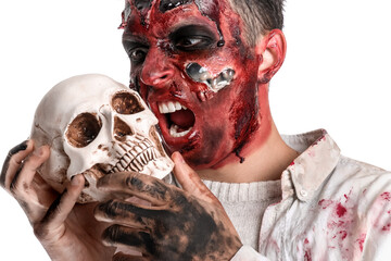 Scary zombie man with skull on white background