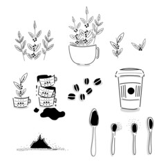 Vector illustration of coffee, coffee plants, ground coffee and coffee beans. Simple Hand-drawn coffee icon set. 