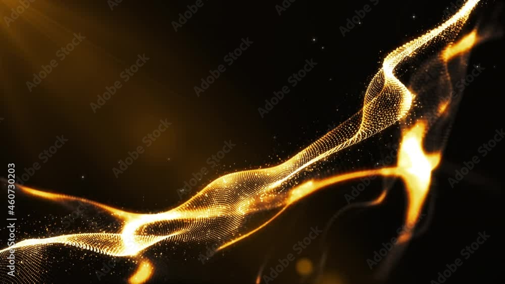 Poster gold particles spark animation wave flow background. flicker particle on black background. digital a