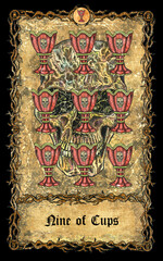 Nine of cups. Minor Arcana tarot card with skull over antique background.