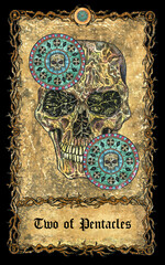 Two of pentacles. Minor Arcana tarot card with skull over antique background.