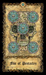 Fototapeta na wymiar Five of pentacles. Minor Arcana tarot card with skull over antique background.