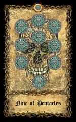 Nine of pentacles. Minor Arcana tarot card with skull over antique background.