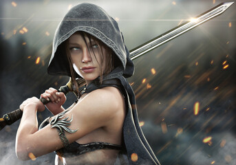 Fantasy female hooded warrior ranger stands ready to strike with her glimmering two handed sword on the battlefield with embers falling around her. 3d rendering © Digital Storm