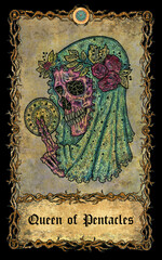 Queen of pentacles. Minor Arcana tarot card with skull over antique background.