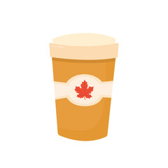 Disposable coffee paper cup with logo maple leaf. Vector flat illustration. 