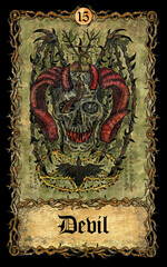 Devil. Major Arcana tarot card with skull over antique background. - obrazy, fototapety, plakaty