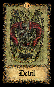 Devil. Major Arcana tarot card with skull over antique background.