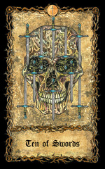 Ten of swords. Minor Arcana tarot card with skull over antique background.