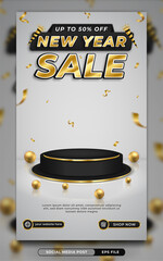 Black and gold new year sale promo social media story or poster template