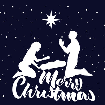 Christmas scene of baby Jesus in the manger with Mary and Joseph in silhouette, surrounded by star . Christian Nativity with text merry christmas. The Birth of Jesus Christ. Templates for placards