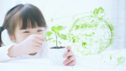 植物を見る少女　環境イメージ　サステナブル　SDGs - obrazy, fototapety, plakaty