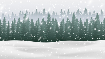 Fototapeta premium Winter Christmas background with pine forest, snowfalls, snowflake and, snowdrift. Beautiful shining snowfalls vector Illustration. Design of backdrop, banner, poster, newsletter, advertisement, sale.