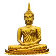 Golden Buddha statue isolated on white background.