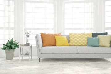 White living room with sofa. Scandinavian interior design. 3D illustration