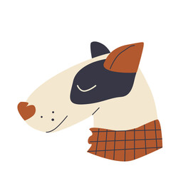 Muzzle Beige dog in a checkered brown scarf with closed eyes in a hand-drawn style on a white background