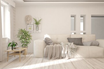 White living room with sofa. Scandinavian interior design. 3D illustration