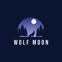 Wolf howling on the moon in the forest. Logo template. Vector illustration. - Vector