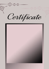 Digital Make-up Certificate for an educational institution. Geometric square elements on gradient pink, beige and black background.