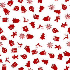 Seamless pattern with red Xmas ornaments on white background. Vector