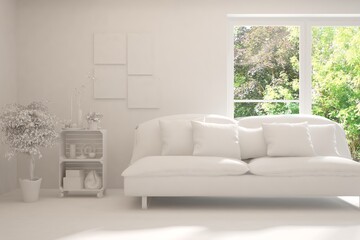 Mock up of stylish room in white color with sofa and green landscape in window. Scandinavian interior design. 3D illustration