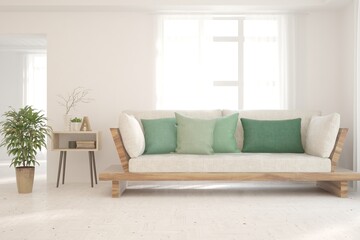 White living room with sofa. Scandinavian interior design. 3D illustration