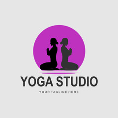 yoga studio logo with the shape of a woman sitting back to back. purple logo
