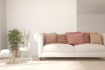 White living room with sofa. Scandinavian interior design. 3D illustration