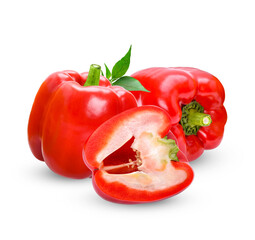 Fresh sweet pepper with leaves isolated on white background