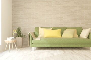 Stylish room in white color with sofa. Scandinavian interior design. 3D illustration