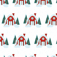 Hand-drawn illustration of New Year's house. House decorated for Christmas. House in the snow among the trees. The illustration is suitable for prints, posters, postcards.