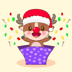 Cute reindeer popped out from gift box cartoon character illustration