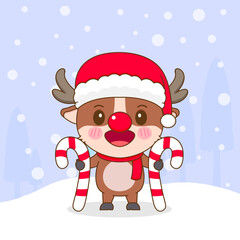 Cute reindeer with christmas candy cartoon character illustration