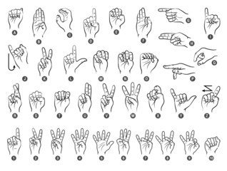 Hand sign language and number alphabet collection - vector line illustration